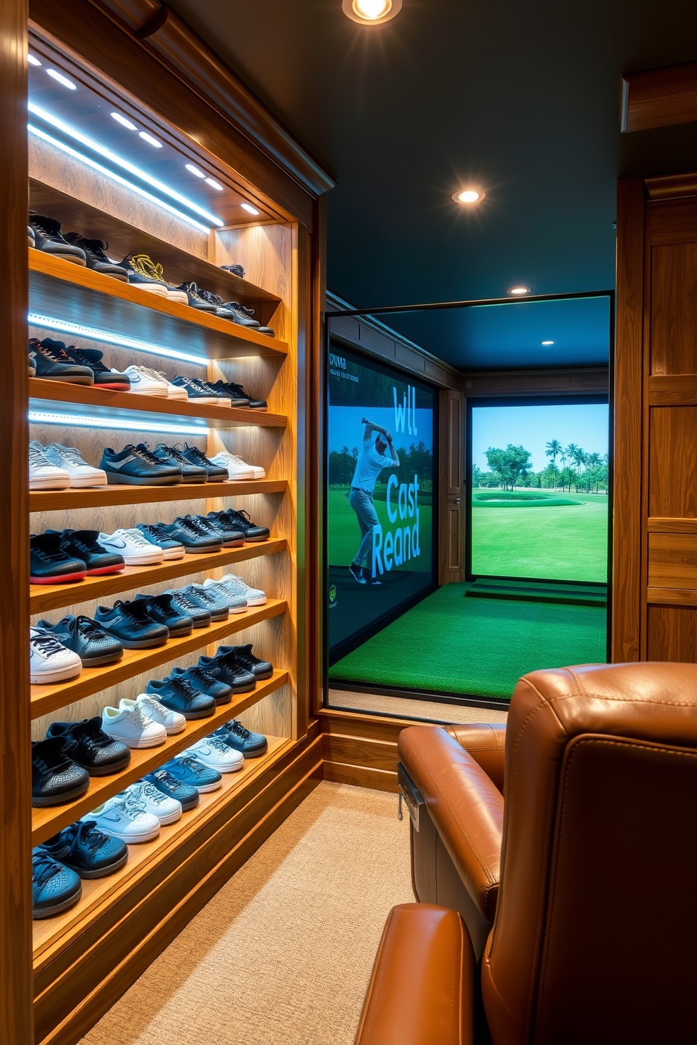 A dedicated space for golf shoe storage features custom-built shelves designed to hold multiple pairs of shoes. The area is illuminated with soft LED lighting, creating a welcoming ambiance for golf enthusiasts. The golf man cave is designed with rich wood paneling and plush leather seating for comfort. A golf simulator is integrated into the design, allowing for year-round practice and enjoyment.