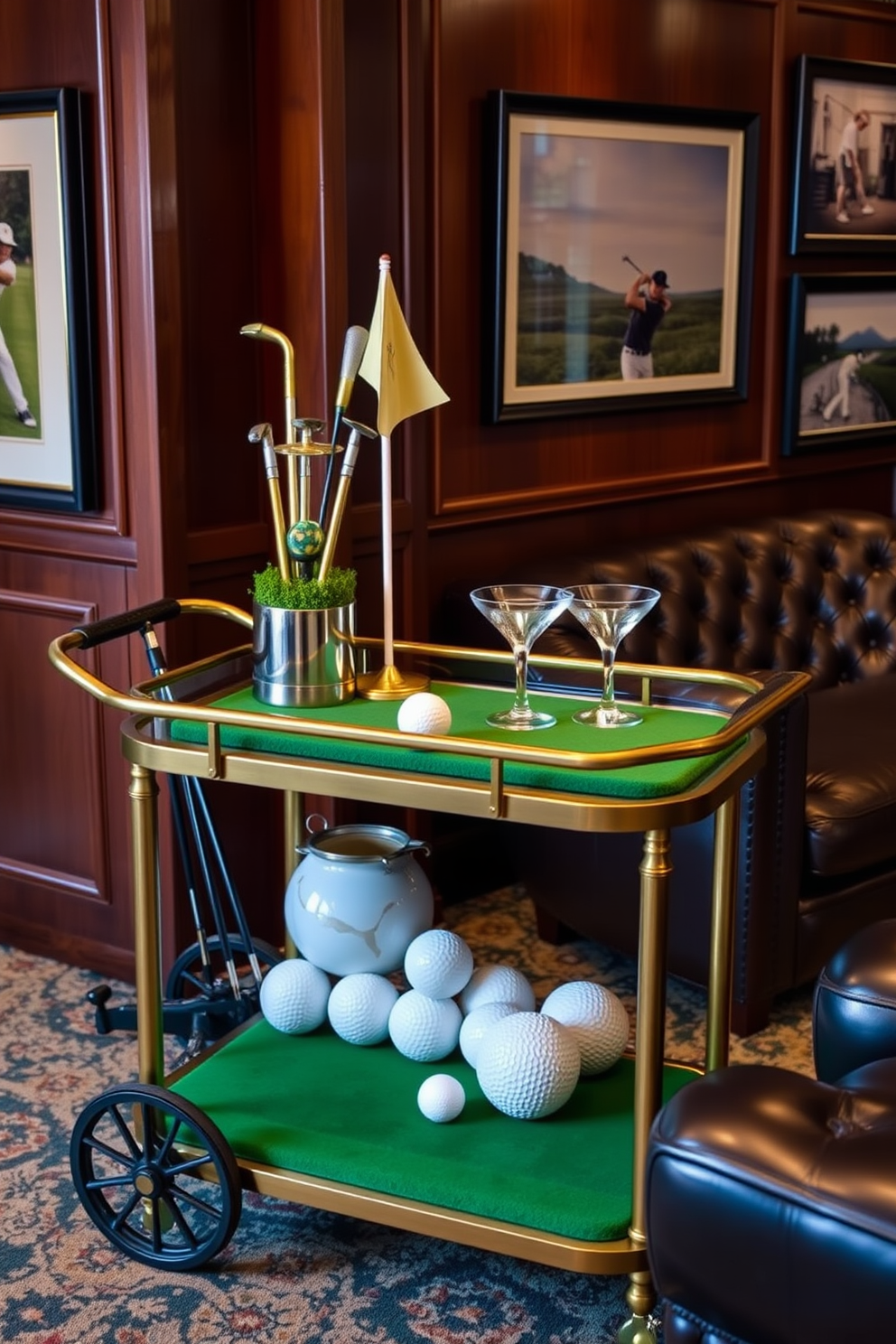 A stylish bar cart is adorned with golf accessories including a set of golf clubs, a vintage golf ball display, and cocktail glasses shaped like golf balls. The cart is set against a backdrop of rich wood paneling and features a green felt surface reminiscent of a putting green. The man cave is designed to evoke a sense of luxury and relaxation, with leather seating and framed photographs of iconic golf moments. Soft lighting casts a warm glow, highlighting the intricate details of the golf memorabilia displayed throughout the space.