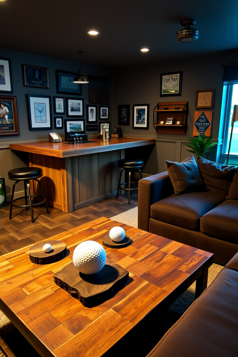 A stylish golf-themed man cave featuring a rustic wooden bar with high stools. The walls are adorned with framed golf memorabilia and vintage golf club displays, creating an inviting atmosphere for enthusiasts. On the coffee table, there are golf-inspired coasters made from reclaimed wood and elegant tableware showcasing golf ball motifs. The ambient lighting is soft, highlighting a plush sectional sofa and a mini putting green in the corner for added entertainment.