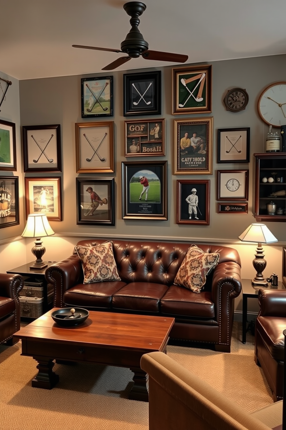 A stylish man cave designed around a vintage golf theme. The walls are adorned with framed vintage golf club wall art and memorabilia, creating a nostalgic atmosphere. A plush leather sofa sits in the center, complemented by a rustic wooden coffee table. Soft lighting from antique-style lamps enhances the cozy vibe, while a bar area showcases golf-themed decor and accessories.