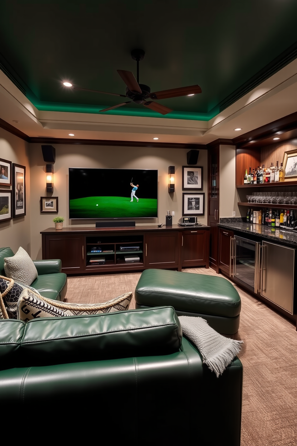 A luxurious man cave designed for golf tournament viewing features a plush sectional sofa in deep green leather facing a large flat-screen TV mounted above a sleek custom-built media console. The walls are adorned with framed memorabilia and photographs of iconic golf moments, while a stylish wet bar stocked with premium spirits and golf-themed glassware completes the space. Incorporating a state-of-the-art sound system, the room is equipped with strategically placed speakers that provide an immersive audio experience during tournaments. Ambient lighting is adjustable to create the perfect atmosphere, enhancing the excitement of game day gatherings with friends and family.