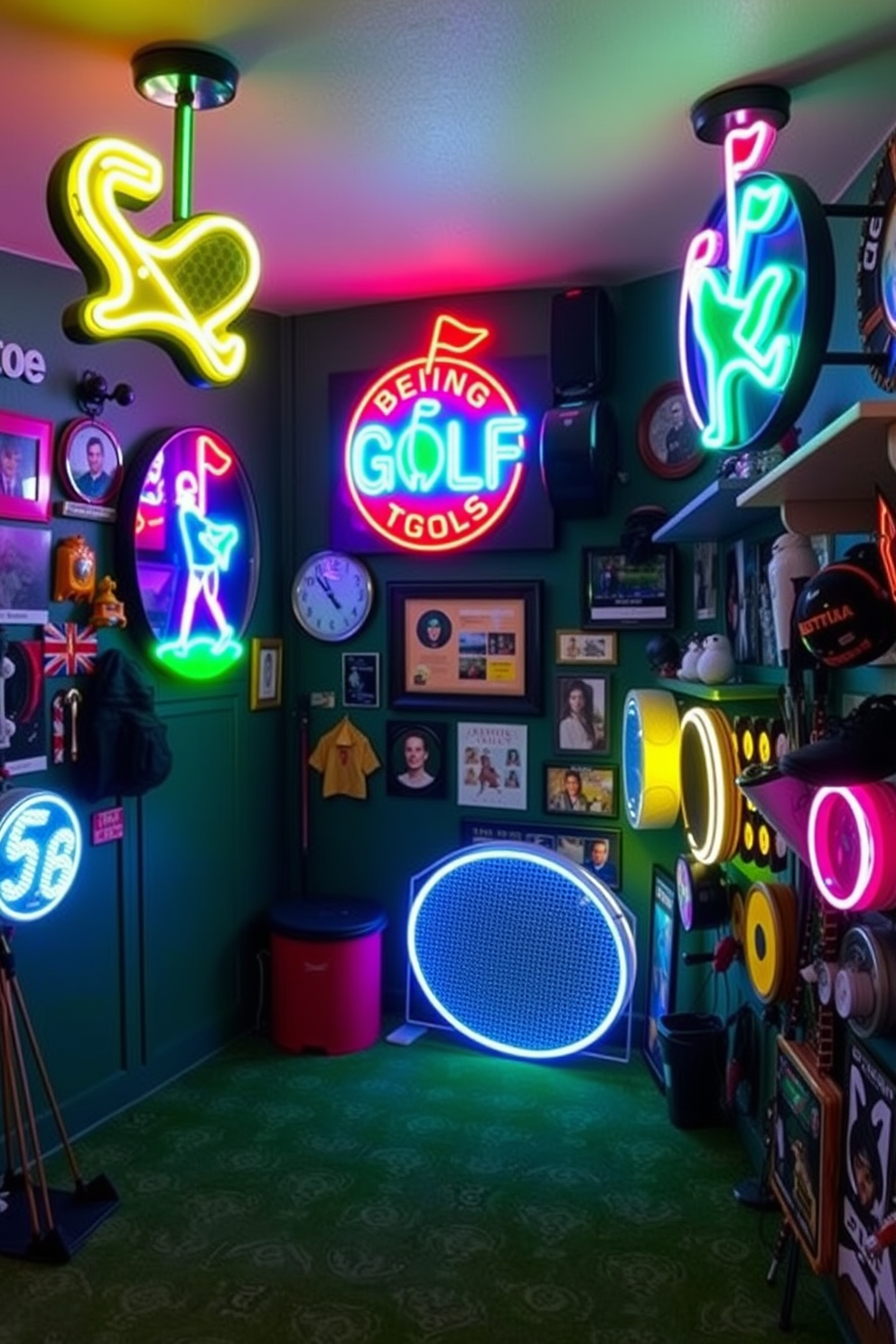 A vibrant golf man cave featuring neon golf signs that illuminate the space with a playful atmosphere. The walls are adorned with various golf-themed memorabilia, creating an engaging and energetic environment.