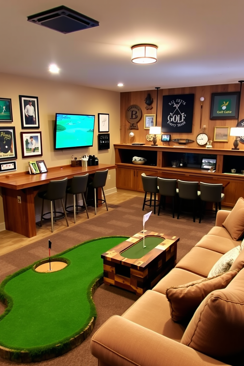 A cozy golf-themed man cave featuring a custom-built bar with high stools and a rustic wooden counter. The walls are adorned with framed golf memorabilia and a large flat-screen TV is mounted for watching games. A comfortable seating area includes a plush sectional sofa arranged around a coffee table made from reclaimed wood. Soft lighting fixtures create an inviting atmosphere, while a mini putting green adds a fun touch for entertainment.