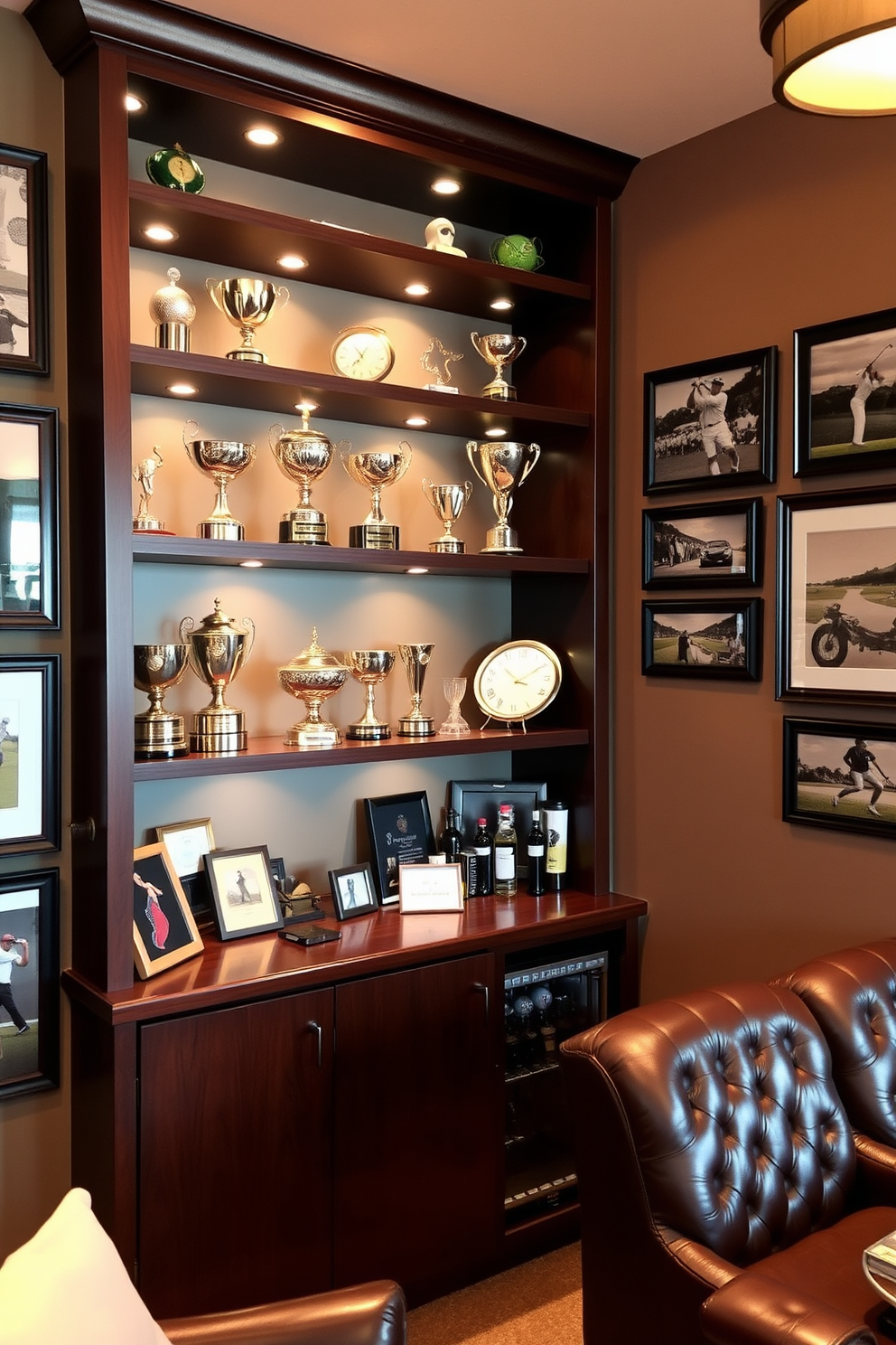 A stylish golf trophy display shelf showcasing various awards and achievements. The shelf is made of dark wood with elegant lighting highlighting each trophy. A cozy golf man cave featuring leather seating and sports memorabilia. The walls are adorned with framed photographs of iconic golf moments and a mini bar stocked with refreshments.