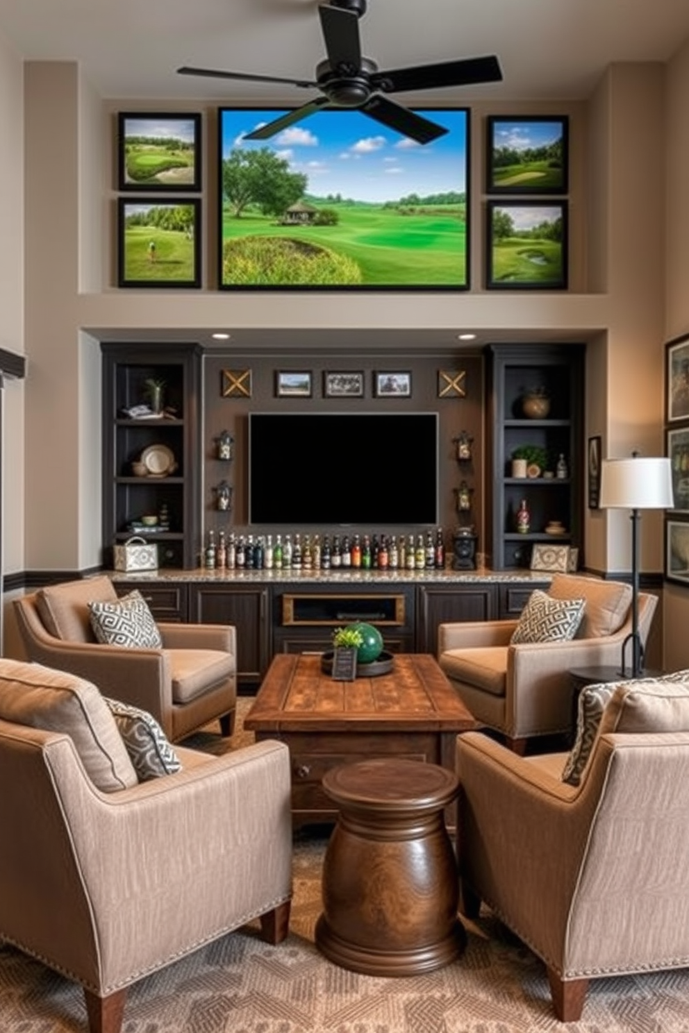 Comfortable lounge chairs for relaxation. The chairs are upholstered in soft, plush fabric with a neutral color palette, and they are arranged around a rustic wooden coffee table. Golf Man Cave Design Ideas. The space features a large wall-mounted flat-screen TV, surrounded by golf memorabilia and framed photographs of iconic golf courses, with a wet bar stocked with premium beverages.