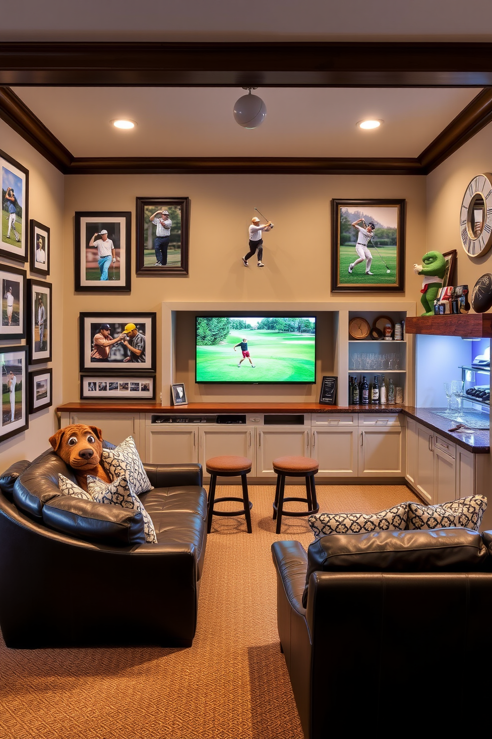 A stylish man cave designed for a golf enthusiast. The space features framed sports memorabilia showcasing favorite players, arranged on the walls alongside golf-themed decor. A plush leather sectional sofa sits in the center, facing a large flat-screen TV mounted above a custom-built bar. The bar is stocked with golf-themed glassware and memorabilia, creating a perfect atmosphere for entertaining friends.