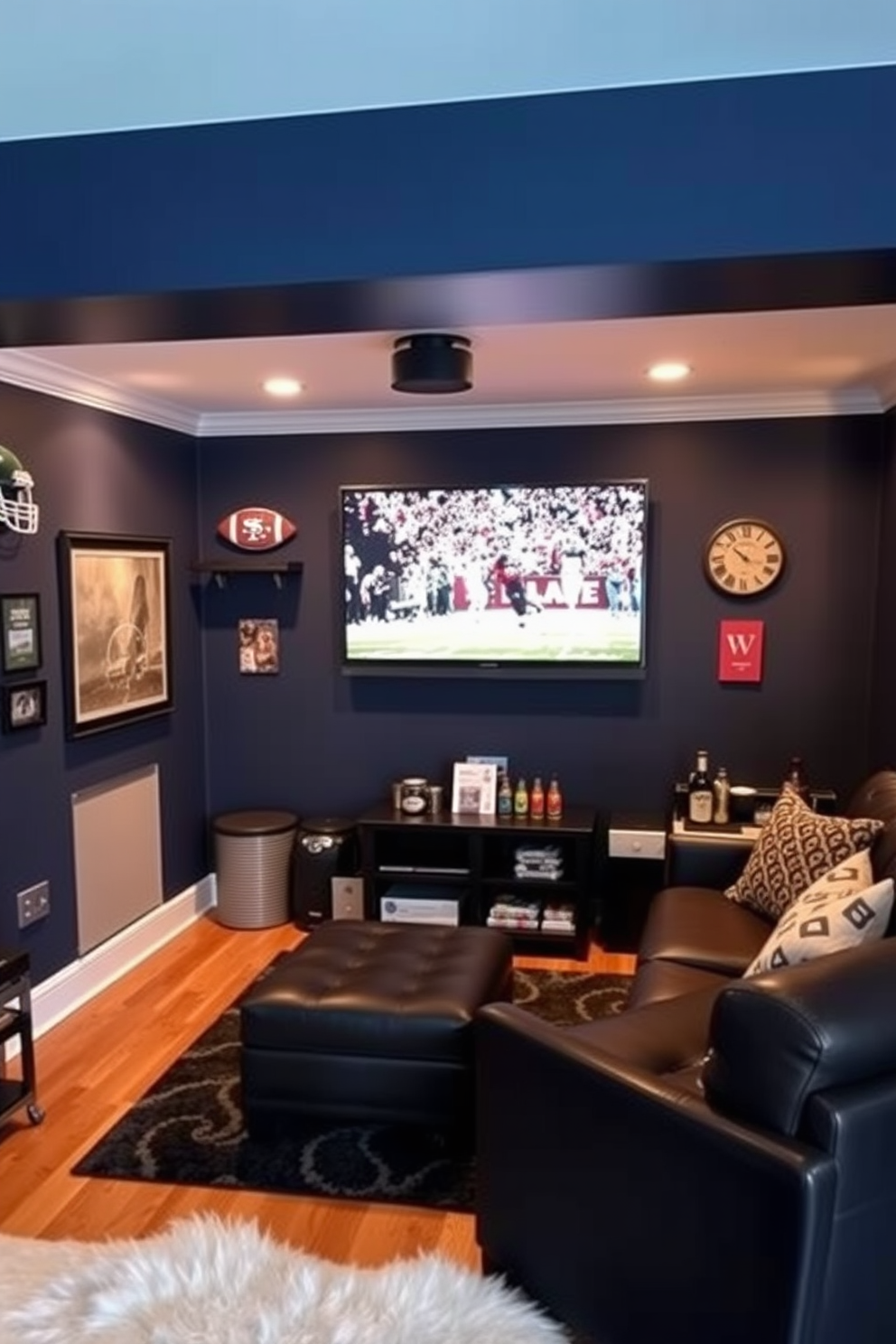 A stylish man cave designed for game day viewing features a wall-mounted TV that dominates the space. The room is adorned with comfortable seating, sports memorabilia, and a mini bar stocked with refreshments. The walls are painted in a rich navy blue, creating a cozy atmosphere perfect for entertaining friends. Accent lighting highlights the TV area, while plush rugs add warmth to the hardwood floor.