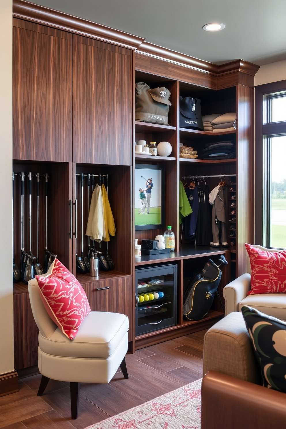 A stylish golf man cave featuring an interactive putting challenge area. The space includes a custom-built putting green with realistic turf and adjustable lighting for practice at any time. Surrounding the putting area, there are comfortable leather seating options and a rustic wooden bar stocked with premium beverages. The walls are adorned with framed golf memorabilia and a large flat-screen TV for watching tournaments.