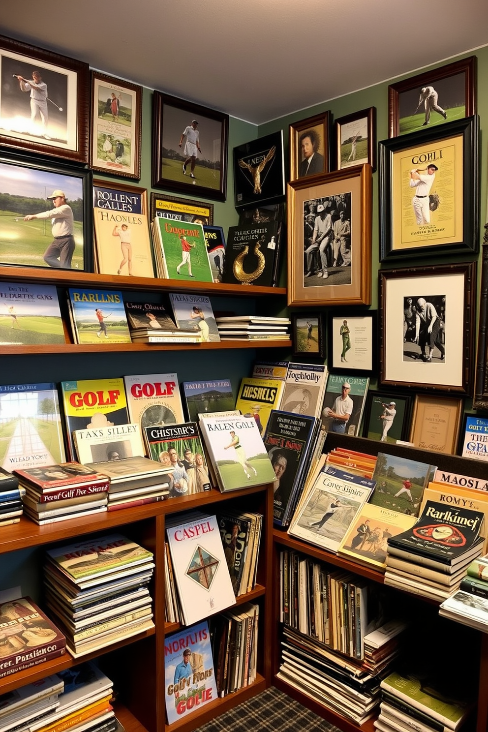 A cozy golf man cave filled with vintage golf books and magazines displayed on wooden shelves. The walls are adorned with framed photographs of legendary golfers and vintage golf memorabilia, creating an inviting atmosphere for enthusiasts.