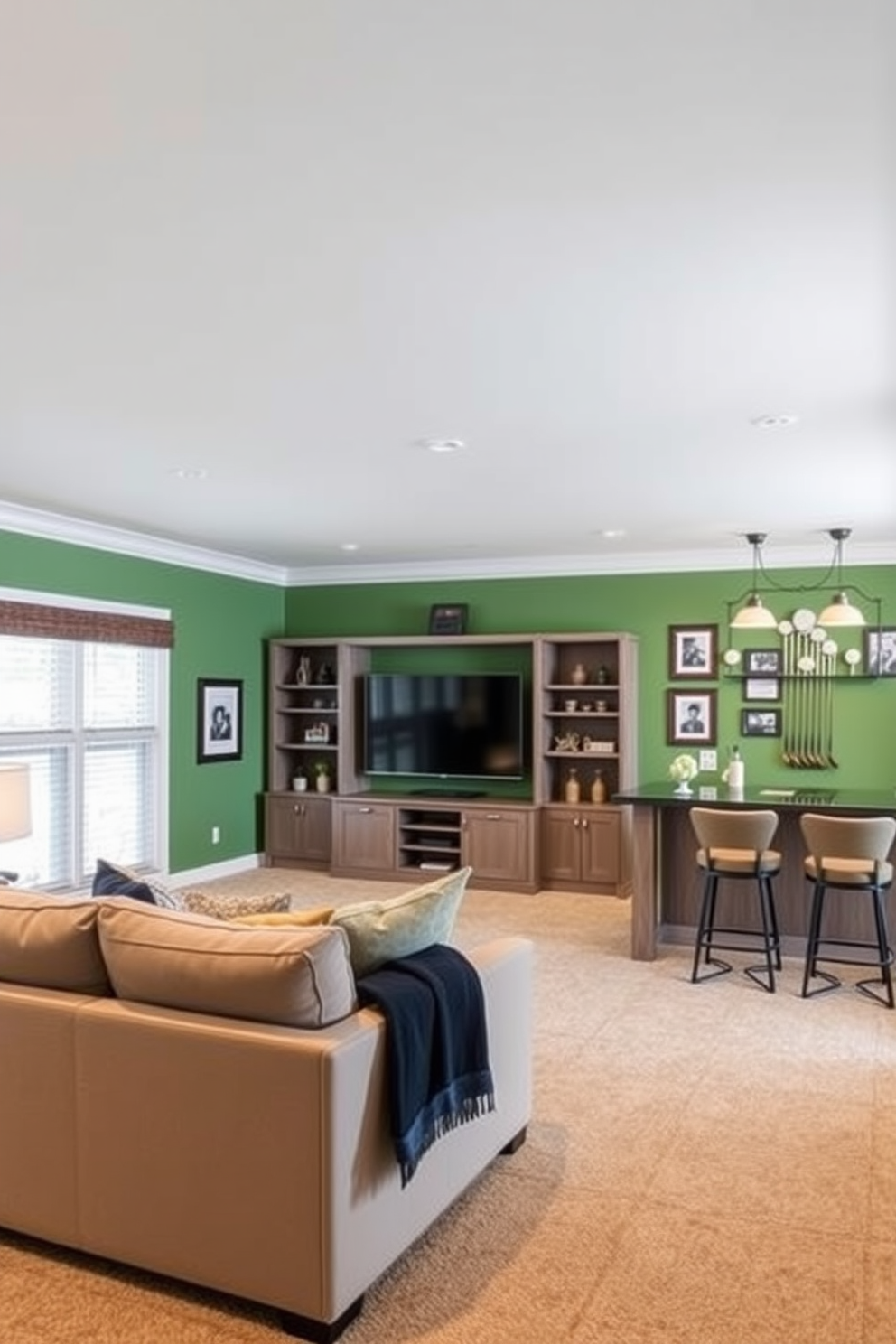 Accent wall painted in golf course green. The room features a plush sectional sofa in a neutral tone facing a sleek entertainment unit. A custom-built bar with high stools sits against the wall, adorned with golf memorabilia and framed photographs. Soft lighting fixtures create a warm ambiance, while a vintage golf club display adds character to the space.