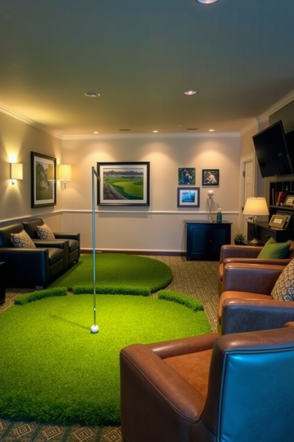 A luxurious indoor putting green designed for practice sessions. The space features a lush green carpet that mimics real grass, surrounded by comfortable seating and golf-themed decor. The walls are adorned with framed photographs of famous golf courses and memorabilia. Soft ambient lighting highlights the putting area, creating an inviting atmosphere for relaxation and entertainment.