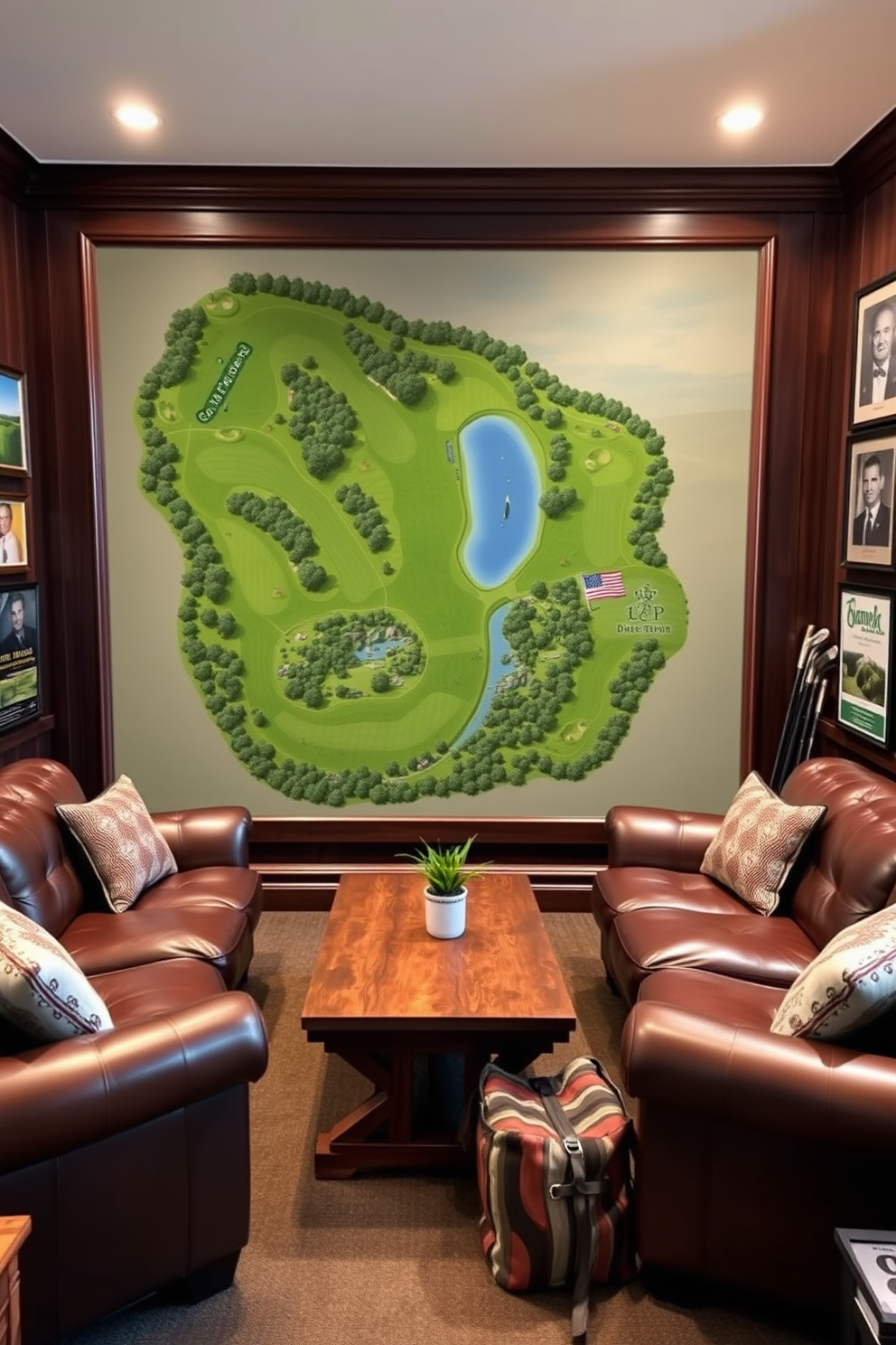 A custom golf course map wall mural showcases a detailed layout of a prestigious golf course, featuring lush green fairways and strategically placed hazards. The mural is framed by dark wood paneling, creating a sophisticated backdrop for a golf-themed man cave. In the man cave, plush leather seating is arranged around a rustic wooden coffee table, perfect for entertaining friends after a round of golf. Golf memorabilia, including framed photos and vintage clubs, adorns the walls, adding a personal touch to the space.