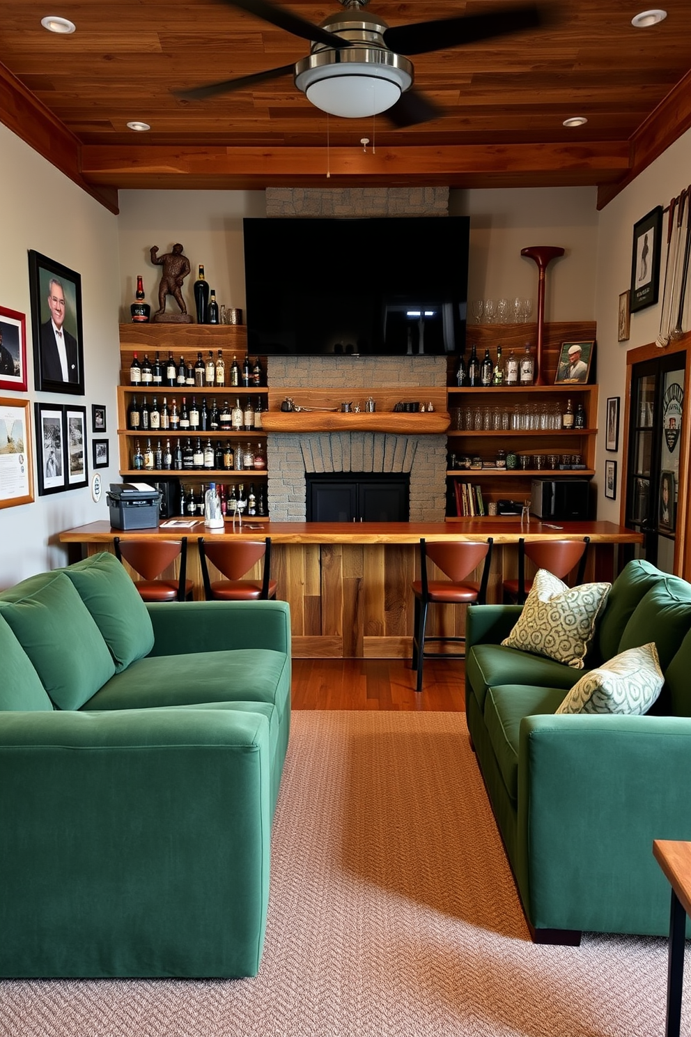 A cozy golf man cave featuring two luxurious leather recliners positioned for the ultimate comfort. The walls are adorned with framed golf memorabilia and a large flat-screen TV is mounted for viewing games.