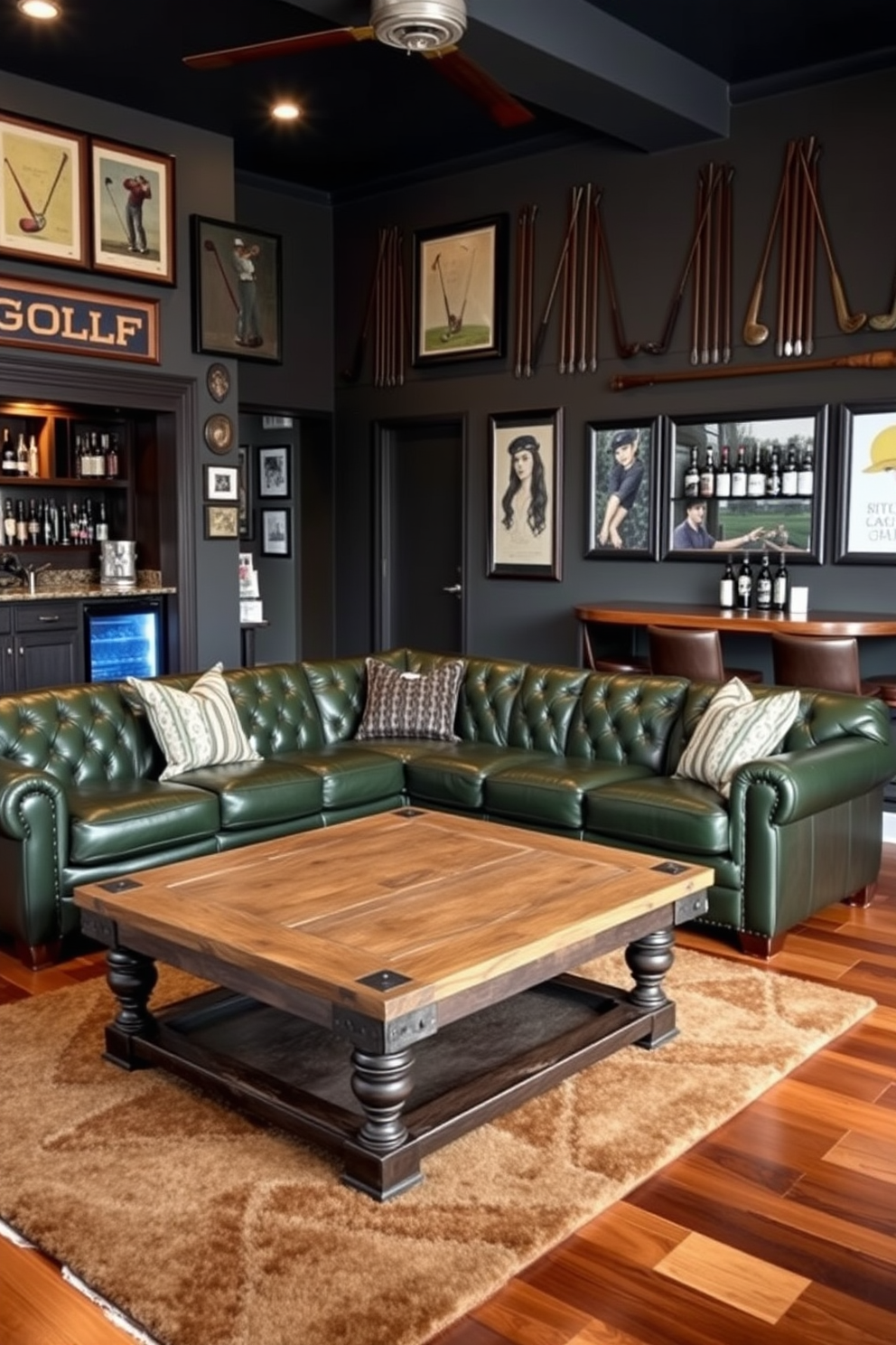 A stylish golf-themed man cave featuring a deep green leather sectional sofa positioned around a rustic wooden coffee table. The walls are adorned with framed vintage golf clubs and memorabilia, creating an inviting atmosphere for relaxation and entertainment. In one corner, a custom-built bar with leather bar stools offers a selection of premium spirits, while a mini fridge keeps drinks chilled. The flooring is a rich hardwood, complemented by a plush area rug that adds warmth and comfort to the space.