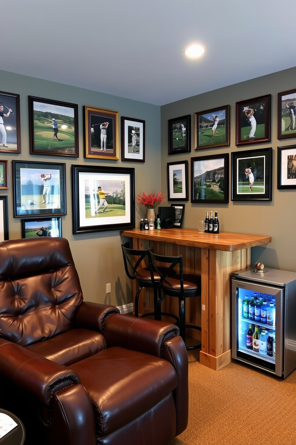 A stylish golf man cave featuring framed autographed golf photos and prints adorning the walls. The room includes a comfortable leather recliner, a rustic wooden bar with high stools, and a mini fridge stocked with drinks.