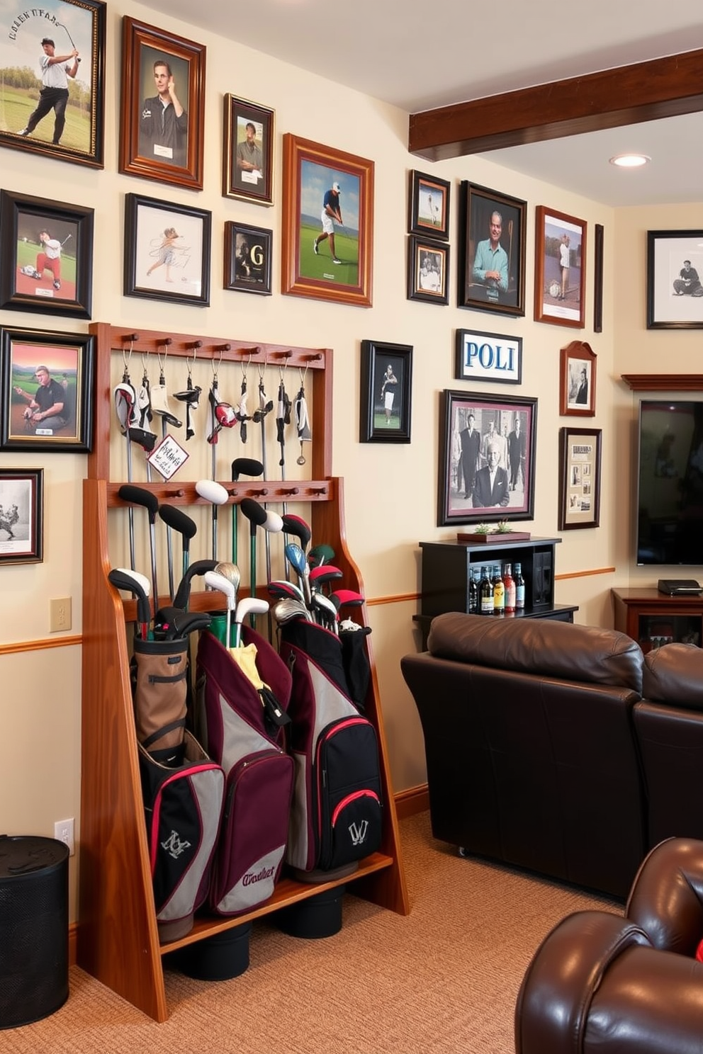 A classic golf bag storage and display area featuring a wooden rack that holds multiple golf bags in an organized manner. The walls are adorned with framed golf memorabilia and photographs, creating a nostalgic atmosphere. The golf man cave is designed with comfortable leather seating and a large flat-screen TV for watching tournaments. A mini bar is included, stocked with beverages and snacks, ensuring a perfect spot for relaxation and entertainment.