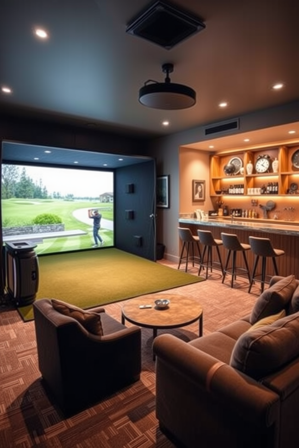 A modern golf simulator setup designed for virtual play. The space features a high-tech simulator screen, comfortable seating, and ambient lighting to enhance the gaming experience. A stylish golf man cave that combines functionality and relaxation. The room includes a bar area, golf memorabilia on the walls, and plush seating for entertaining friends.