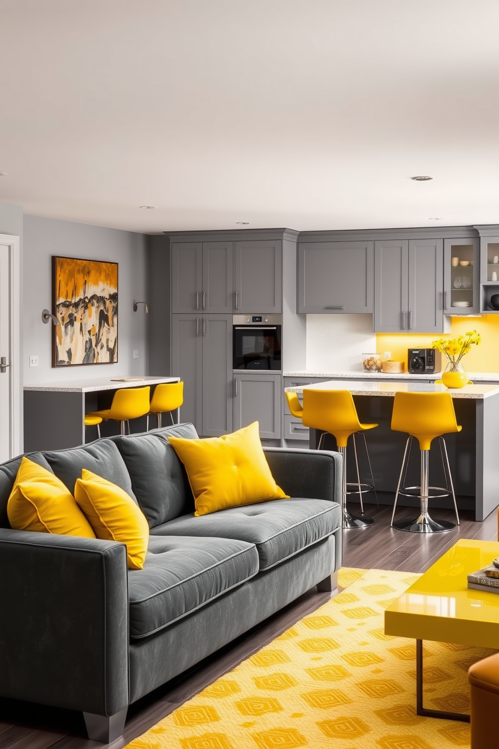 Bright yellow accents pop against a sleek gray backdrop creating a vibrant yet sophisticated atmosphere. The living area features a plush gray sofa adorned with bright yellow throw pillows and a matching area rug. In the dining space, a gray table is complemented by yellow chairs that add a cheerful touch. Large windows allow natural light to flood the room, enhancing the contrast between the yellow and gray elements.