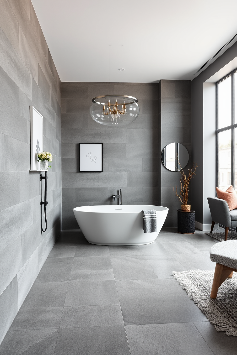 A sleek modern bathroom features large gray tiles that create a clean and contemporary look. The walls are adorned with minimalist decor, and a freestanding bathtub sits elegantly in the corner. The gray apartment design showcases an open-concept layout with stylish furnishings. Natural light floods the space through large windows, highlighting the sophisticated color palette and modern accents.