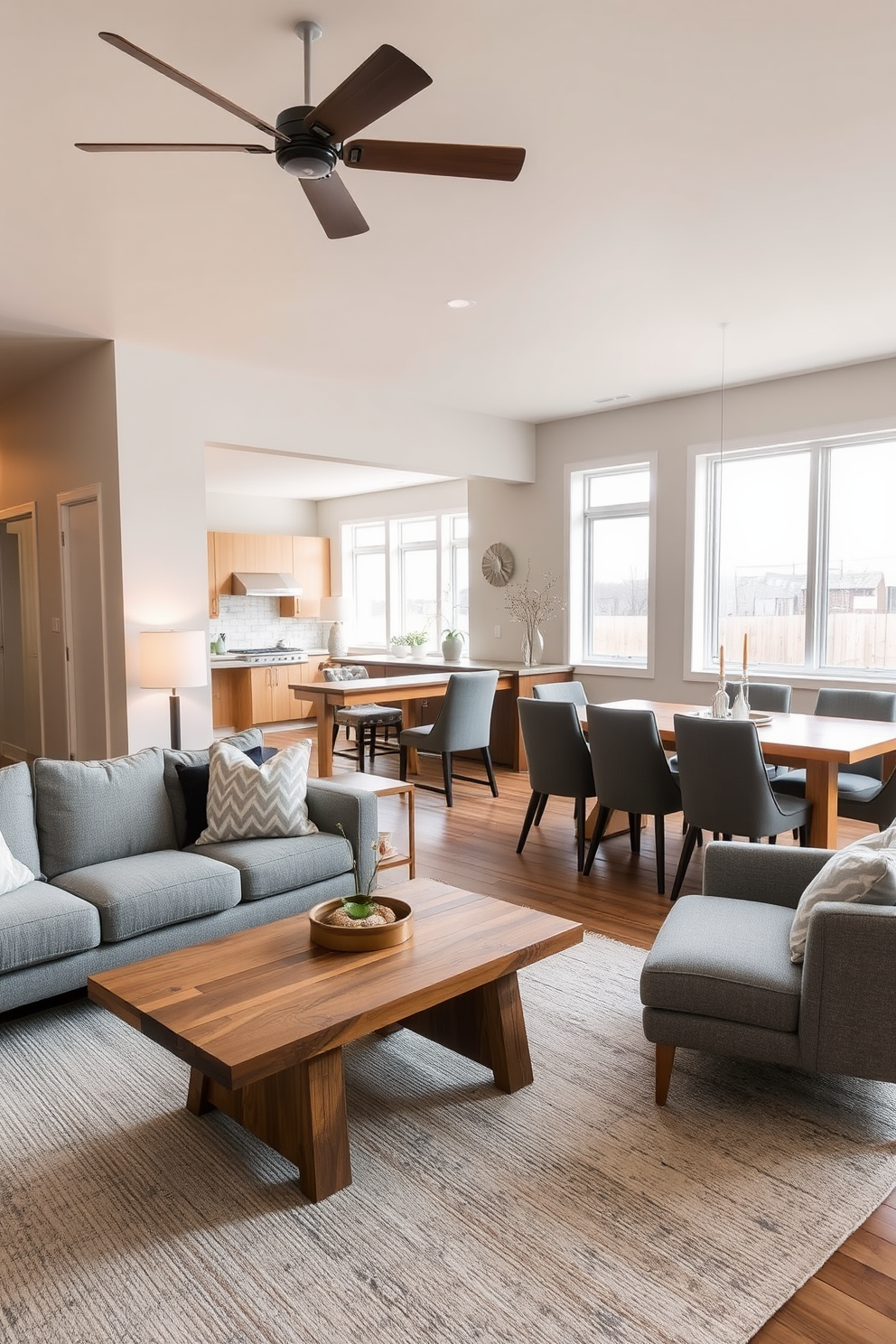 A cozy living room featuring warm gray tones complemented by natural wood accents. The space includes a plush gray sofa with wooden legs, a reclaimed wood coffee table, and soft ambient lighting from a stylish floor lamp. Adjacent to the living area, a sleek dining space showcases a wooden dining table surrounded by gray upholstered chairs. Large windows allow natural light to flood the room, enhancing the inviting atmosphere.