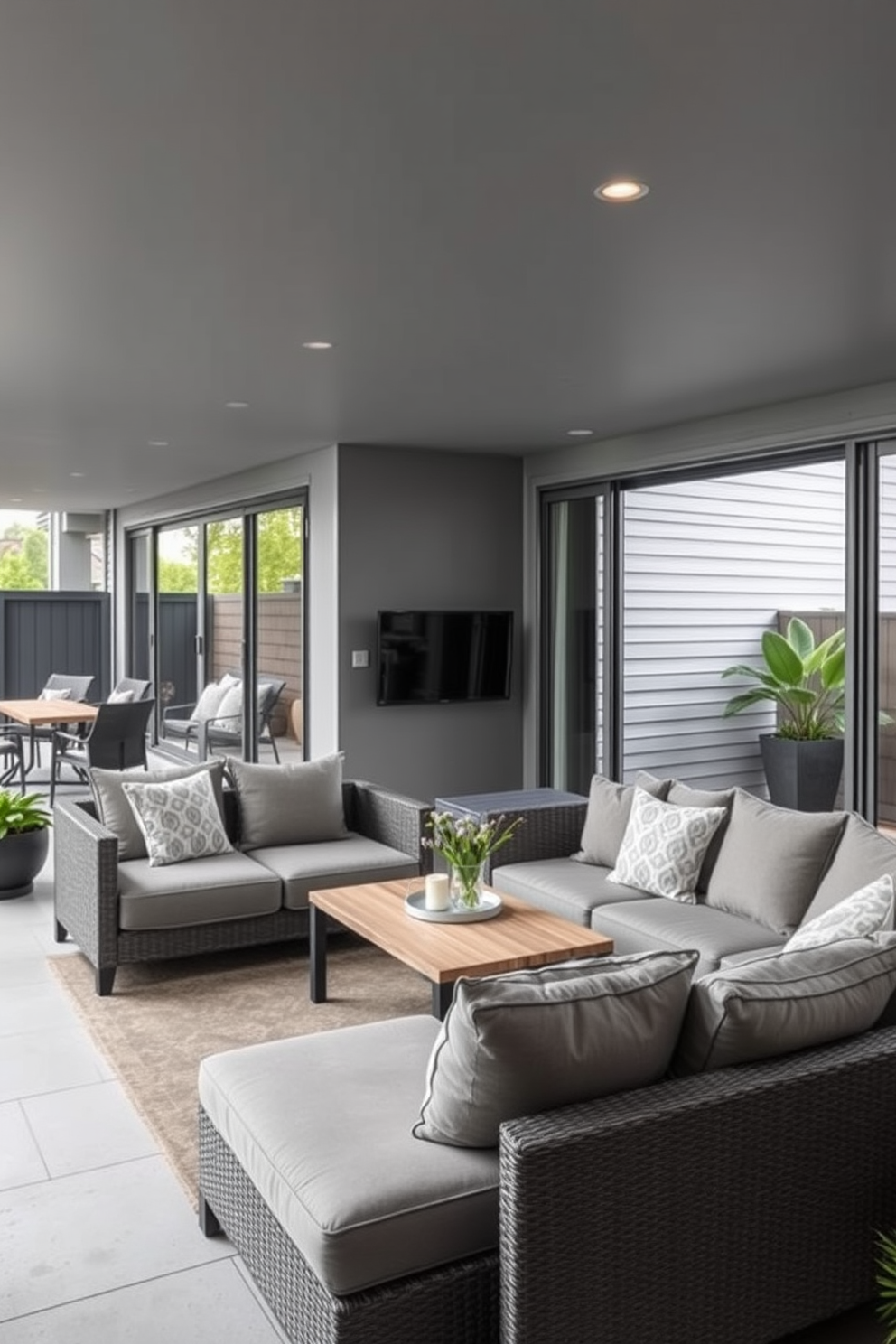 A contemporary kitchen featuring a gray tile backsplash that adds a sleek and modern touch. The cabinetry is minimalistic with clean lines, complemented by stainless steel appliances and a spacious island for additional workspace. In a gray apartment design, the living area showcases a blend of comfort and style with a plush sectional sofa and abstract art on the walls. Large windows allow natural light to flood the space, enhancing the neutral color palette with soft textures and cozy accents.