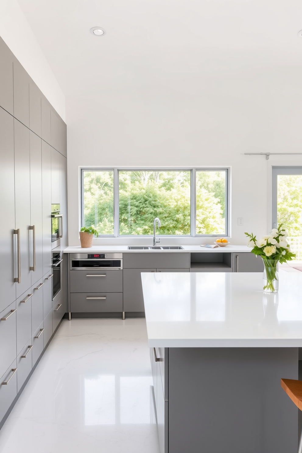 Sleek gray cabinets line the walls of a minimalist kitchen, creating a clean and modern aesthetic. The countertops are white quartz, complementing the cabinets and enhancing the bright, airy feel of the space. A large island with bar seating sits in the center, offering a functional gathering spot for family and friends. Natural light floods the room through large windows, illuminating the subtle textures of the gray cabinetry and the polished finishes throughout.