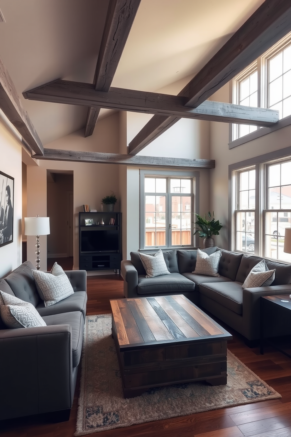 A cozy apartment setting featuring rustic gray beams that add warmth and character to the space. The walls are painted in soft neutral tones, complementing the gray beams and creating a welcoming atmosphere. The living area includes a plush sectional sofa adorned with textured throw pillows and a reclaimed wood coffee table. Large windows allow natural light to flood in, highlighting the beautiful hardwood floors and inviting ambiance.