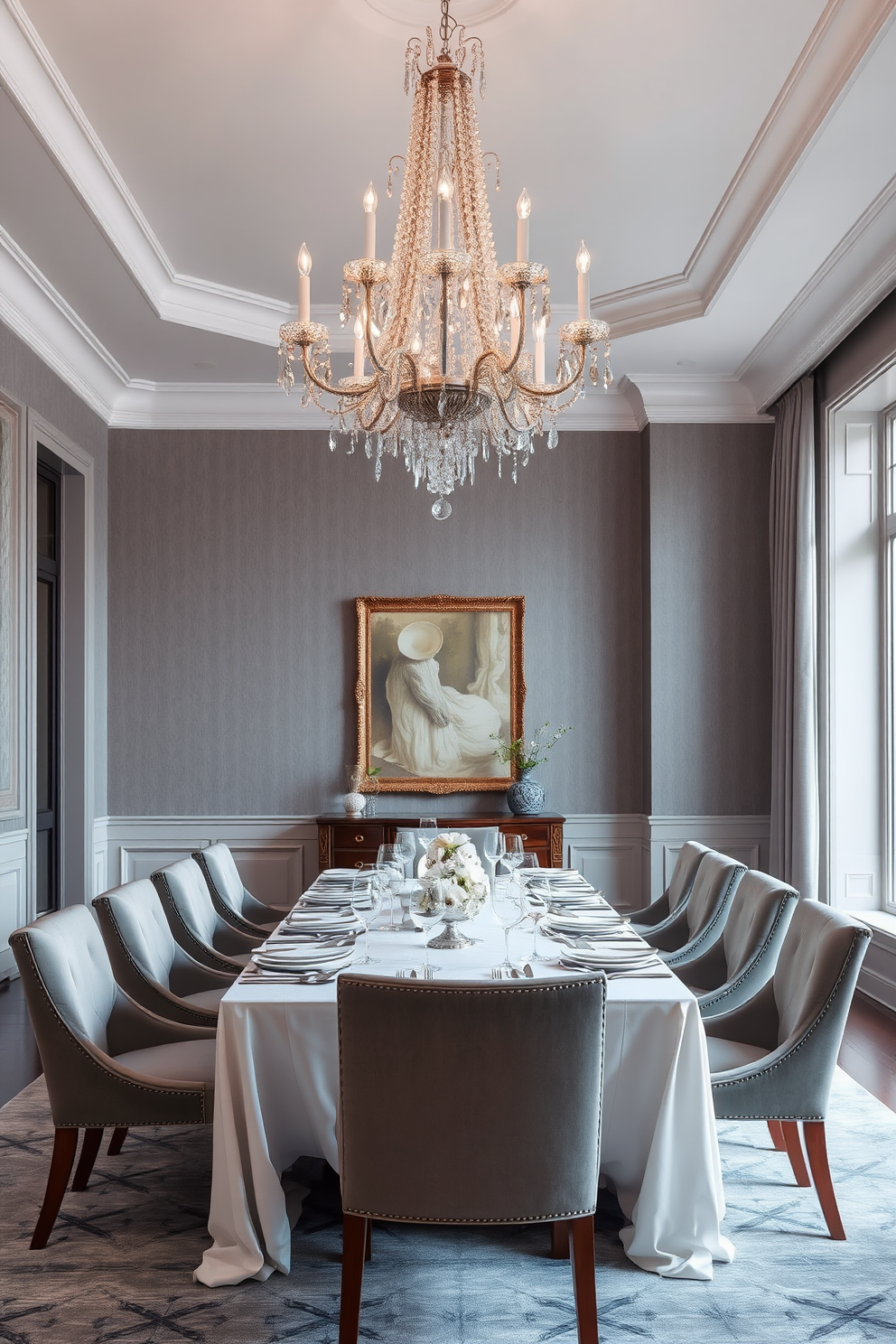 Elegant gray dining room featuring a stunning crystal chandelier that hangs gracefully above a long rectangular table. The table is set with fine china and polished silverware, surrounded by upholstered chairs in a complementary shade of gray. The walls are adorned with soft gray wallpaper that adds texture and depth to the space. A large window allows natural light to fill the room, highlighting the elegant decor and creating a warm, inviting atmosphere.