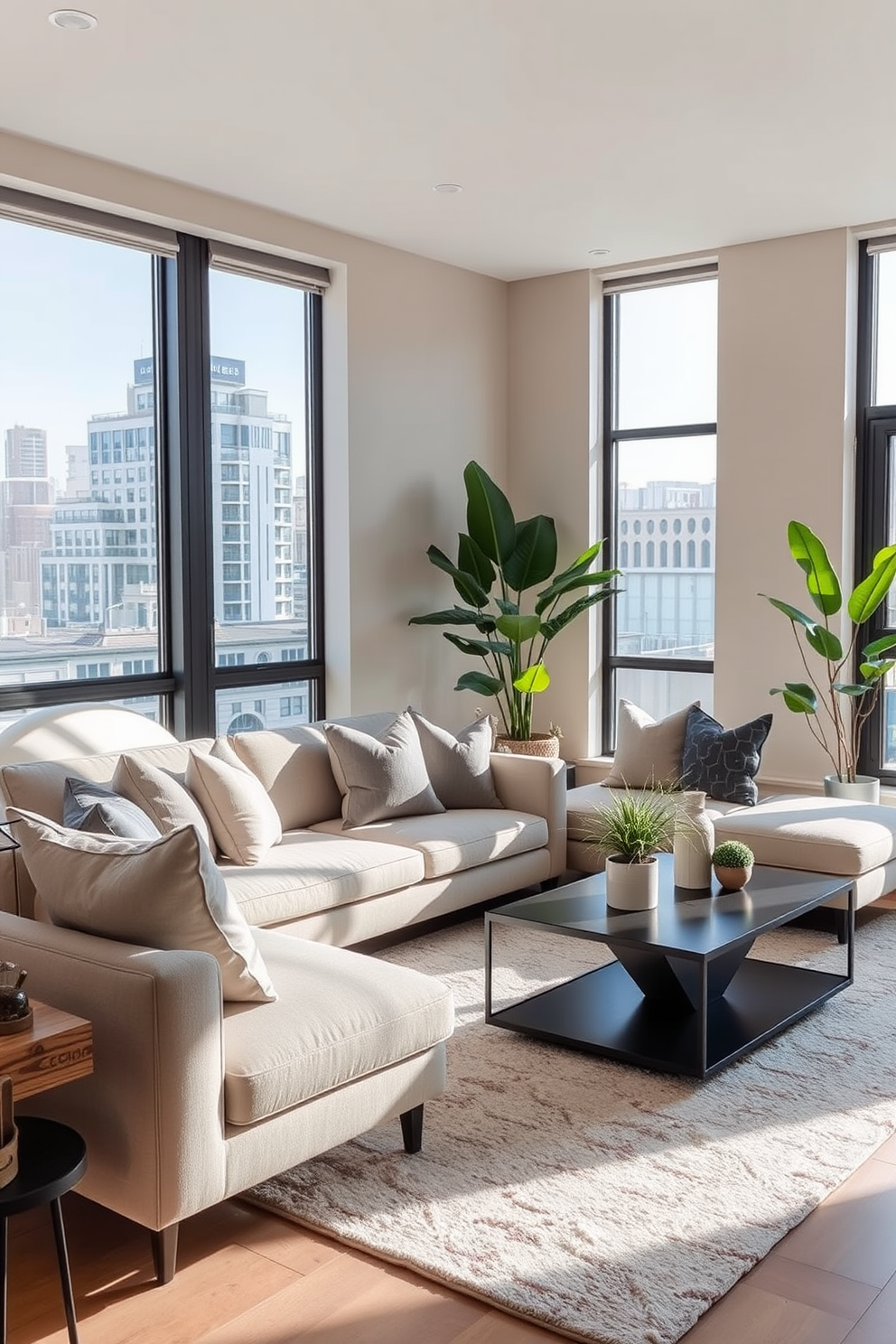 A stylish living room featuring a neutral sofa adorned with gray accent pillows. The walls are painted in a soft beige, complemented by a sleek coffee table and a cozy area rug. Large windows allow natural light to flood the space, enhancing the airy atmosphere. Decorative plants are strategically placed to add a touch of greenery and vibrancy to the gray apartment design.