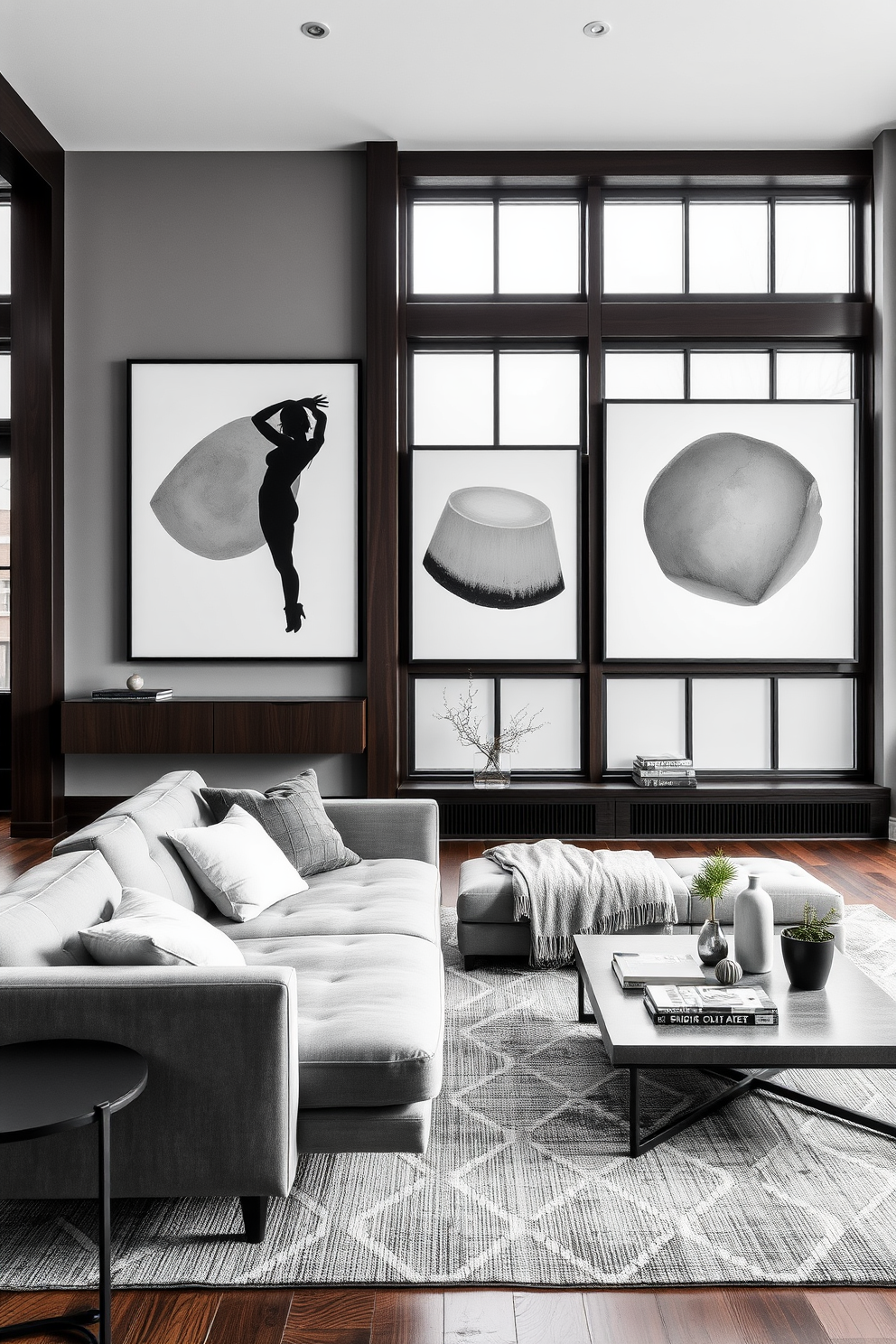 A modern gray apartment featuring bold gray art pieces that serve as striking focal points. The living area is adorned with a plush gray sofa and a minimalist coffee table, creating a cozy yet sophisticated atmosphere. The walls are painted in a soft gray hue, complemented by dark wood accents throughout the space. Large windows allow natural light to flood in, enhancing the artwork displayed prominently on the walls.