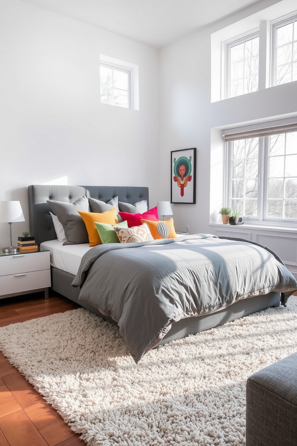 A modern gray apartment featuring soft gray poufs strategically placed for additional seating. The living area is accented with minimalist furniture and large windows that allow natural light to flood the space.