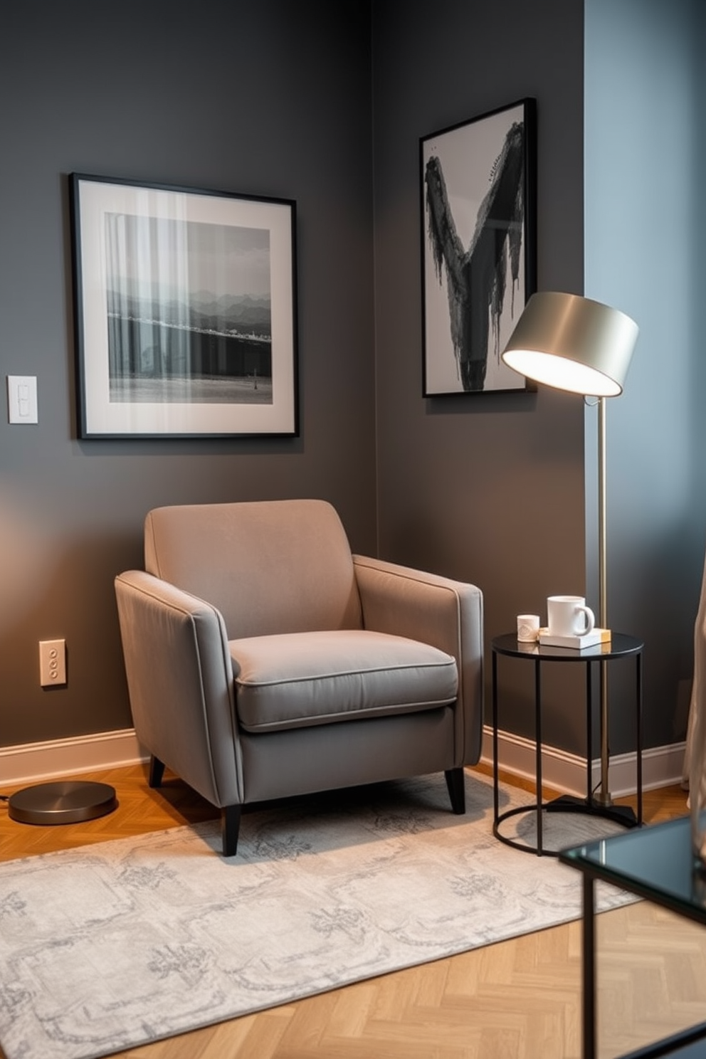 A stylish gray accent chair is positioned in the corner of a contemporary apartment. The chair features sleek lines and plush upholstery, complementing the modern decor of the space. Surrounding the chair are minimalist decor elements, including a small side table and a floor lamp with a warm glow. The walls are adorned with abstract art, enhancing the overall aesthetic of the gray apartment design.