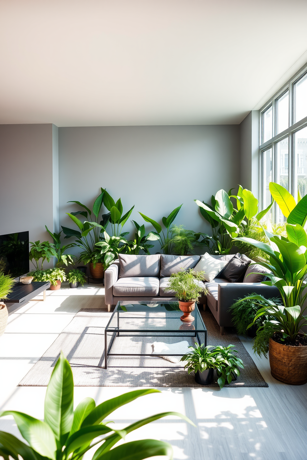 A modern gray apartment with green plant decor brings a refreshing touch to the living space. The walls are painted in a soft gray, and various indoor plants are strategically placed throughout the room, creating a vibrant and inviting atmosphere. The living room features a sleek gray sofa paired with a glass coffee table, surrounded by lush greenery. Natural light streams in through large windows, highlighting the harmonious blend of gray tones and the lively green plants.