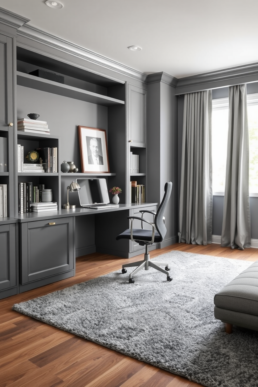 A sophisticated home office features a sleek gray desk with clean lines positioned against a wall of built-in shelves filled with books and decorative items. The walls are painted in various shades of gray, creating a calming atmosphere complemented by a plush gray area rug underfoot. A stylish ergonomic chair in a darker gray sits at the desk, while a large window allows natural light to flood the space. Soft gray curtains frame the window, adding texture and warmth to the overall design.