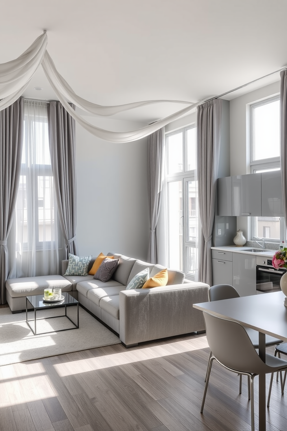 A chic gray apartment featuring plush gray velvet curtains that elegantly frame the large windows. The space is adorned with modern furniture, including a sleek sofa and a stylish coffee table, creating a cozy yet sophisticated atmosphere.