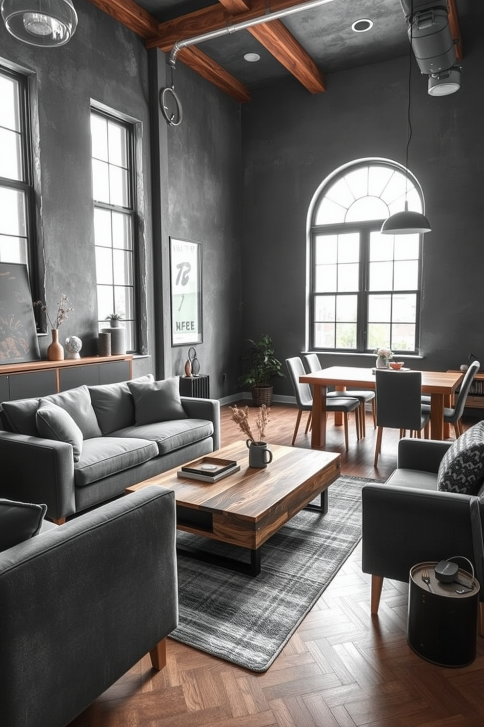 A chic gray apartment featuring industrial gray furniture complemented by warm wooden accents. The living area showcases a sleek gray sofa paired with a reclaimed wood coffee table, creating a harmonious blend of materials. The dining space includes a rustic wooden dining table surrounded by gray upholstered chairs, enhancing the modern yet cozy atmosphere. Large windows allow natural light to flood the room, highlighting the textured gray walls and wooden elements.