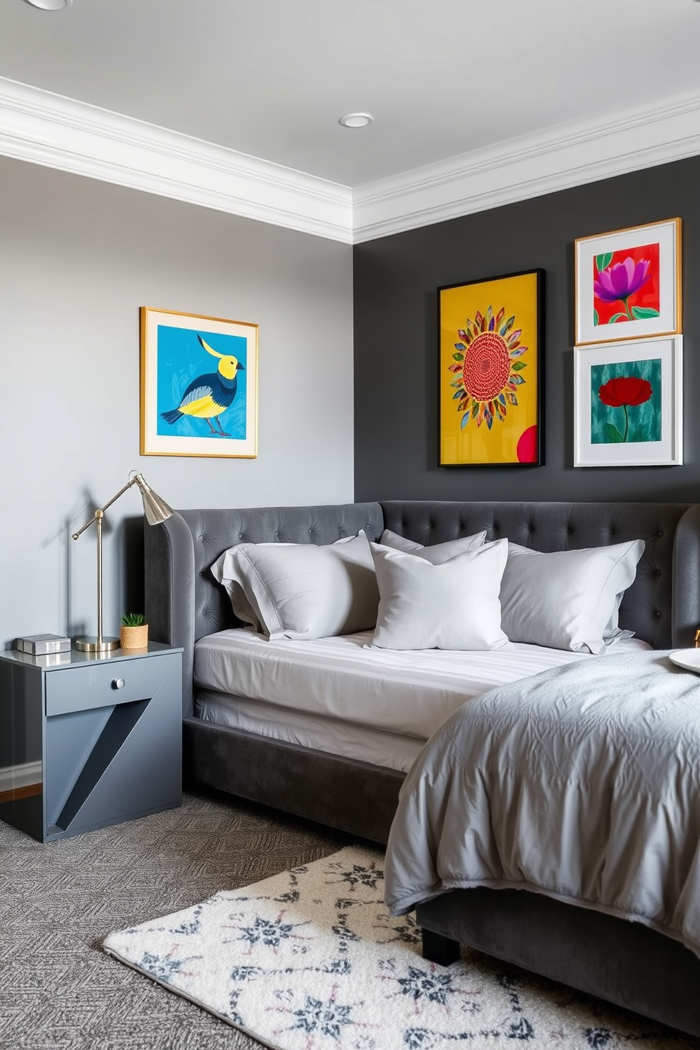 A monochromatic gray bedroom features a plush gray upholstered bed with matching bedding and pillows. The walls are painted in varying shades of gray, creating a serene and cohesive atmosphere. Colorful art pieces adorn the walls, adding vibrant splashes of color that contrast beautifully with the gray tones. A sleek gray nightstand with a modern lamp sits beside the bed, enhancing the contemporary feel of the space.