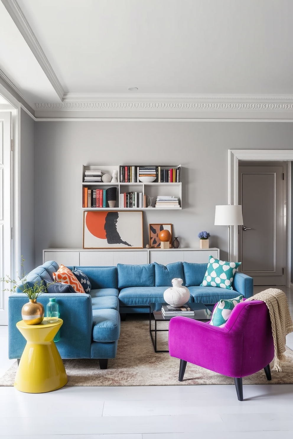 A stylish gray apartment featuring light gray walls that create a serene backdrop. Bold furniture pieces in vibrant colors and unique shapes add character and contrast to the space.