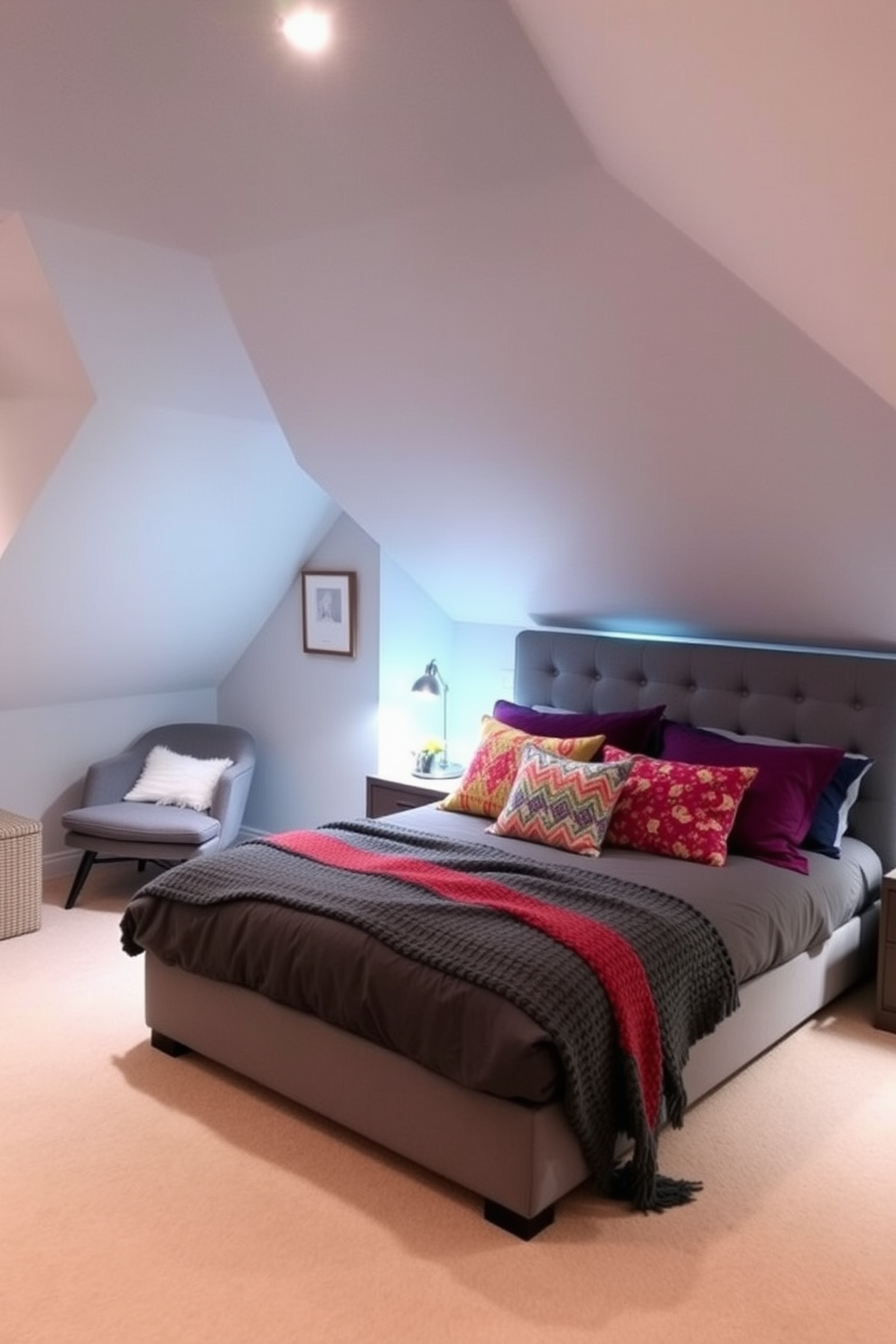 Cozy gray reading nook with skylights. A plush gray armchair is positioned next to a small wooden side table, creating an inviting space for relaxation. Soft natural light pours in through the skylights, illuminating the room's warm gray walls. A built-in bookshelf filled with colorful books lines one side, adding character and charm to the attic room. Gray Attic Room Design Ideas. The room features sloped ceilings adorned with wooden beams, enhancing its cozy atmosphere. A comfortable daybed with gray linens is placed against one wall, perfect for lounging or sleeping. Decorative pillows and a soft throw blanket add texture and warmth to the space.