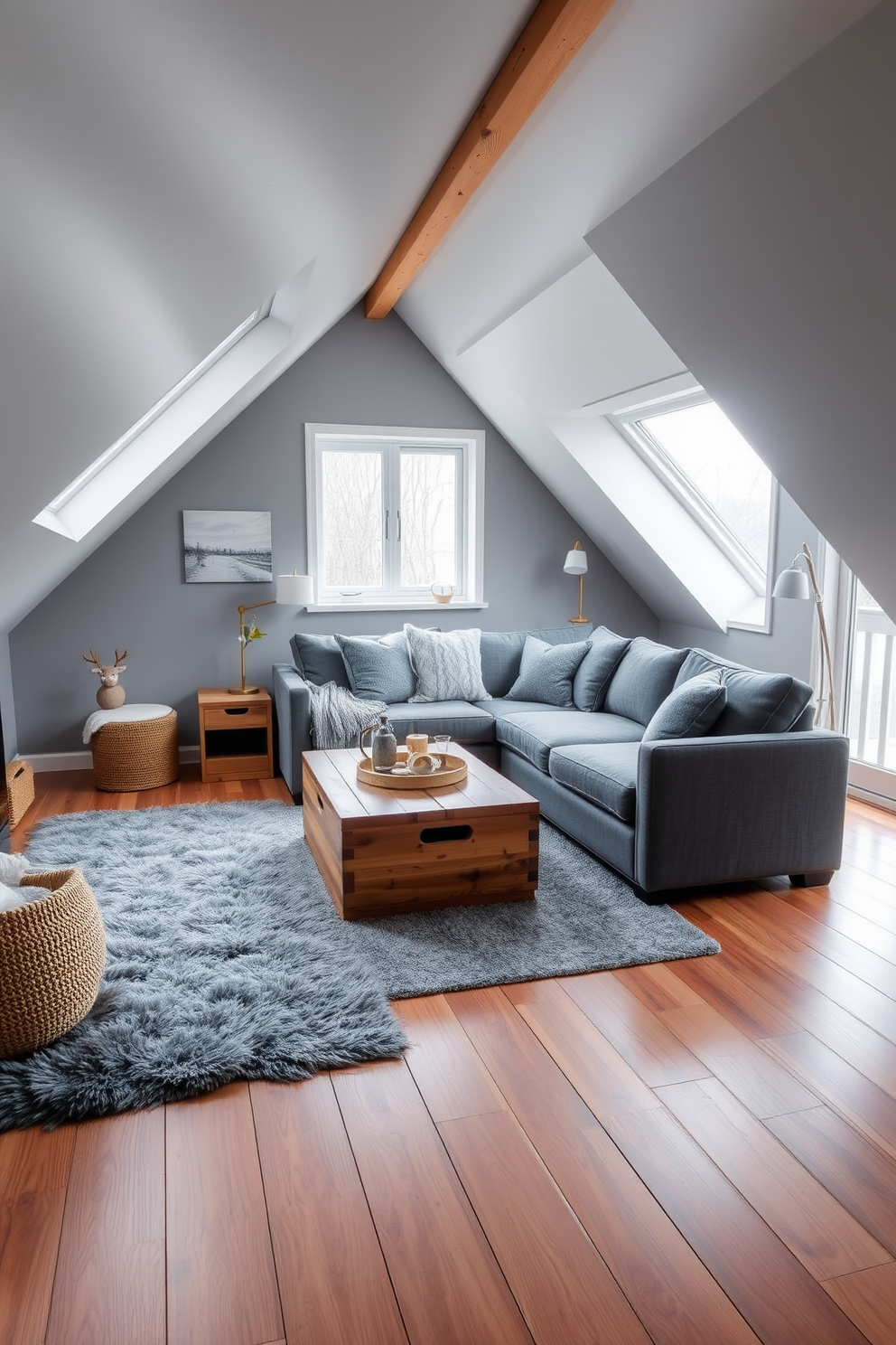 A stylish gray attic room featuring sleek gray furniture complemented by warm wooden accents. Large windows allow natural light to fill the space, highlighting the cozy atmosphere and creating a perfect retreat. The room includes a comfortable gray sofa adorned with plush cushions, paired with a rustic wooden coffee table. Soft gray rugs add warmth to the wooden floor, enhancing the inviting feel of the attic design.