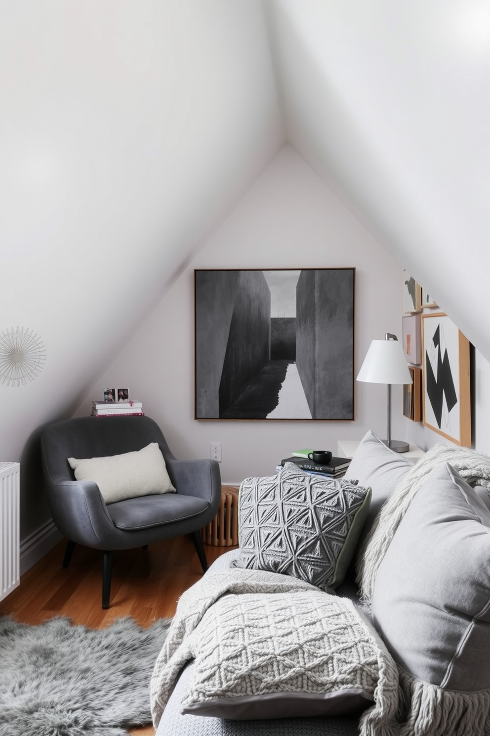 Eclectic gray artwork adorns the walls, featuring a mix of abstract and contemporary pieces that reflect a unique personality. The room is filled with natural light, highlighting the various shades of gray and the playful textures throughout the space. The attic room is designed with cozy nooks, including a reading corner with a plush armchair and a small bookshelf. Soft gray textiles, such as throw pillows and blankets, create a warm and inviting atmosphere while maintaining a stylish edge.