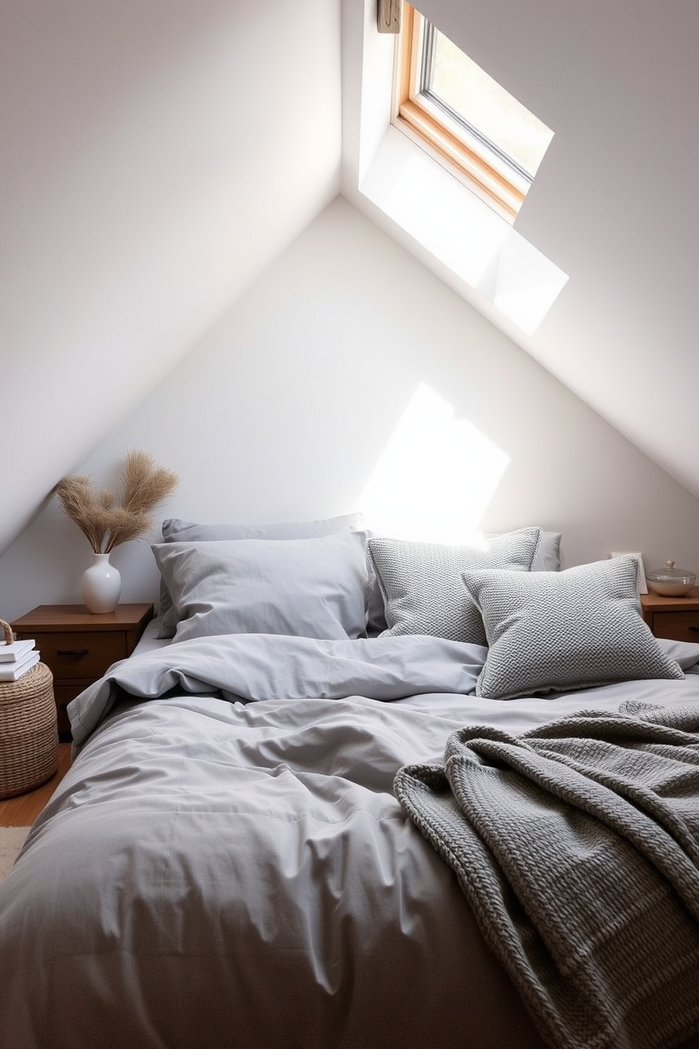 A serene attic room featuring neutral gray bedding layered with textured pillows that add depth and comfort. Soft natural light filters through a skylight, illuminating the cozy space adorned with minimalist decor and wooden accents.