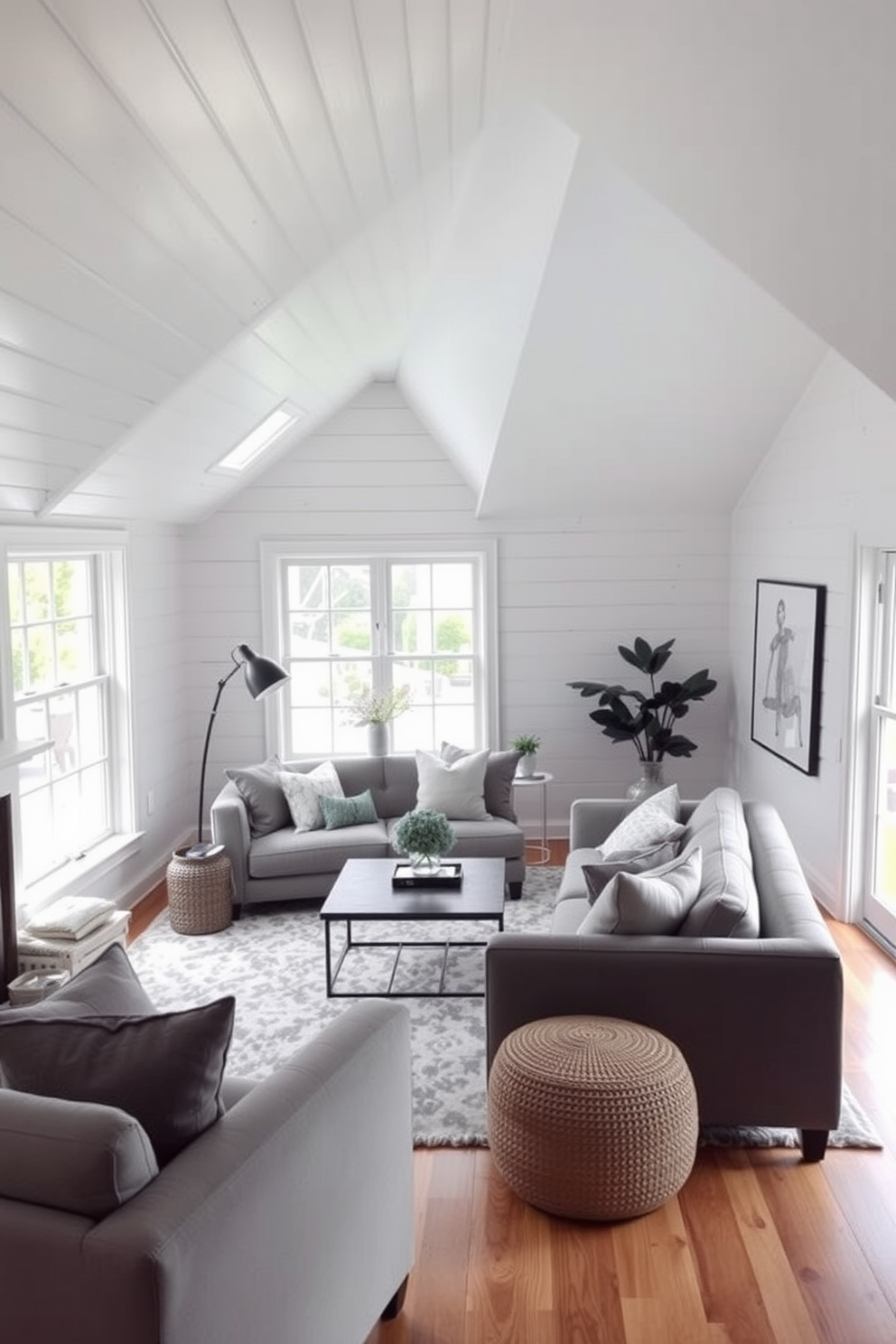 A cozy attic room featuring gray painted furniture that creates a cohesive and inviting atmosphere. The walls are adorned with soft white shiplap, while large windows allow natural light to flood the space, highlighting the elegant gray tones. Incorporate a plush gray sofa paired with a minimalist coffee table, complemented by a soft area rug that adds warmth underfoot. Accent the room with decorative pillows in varying shades of gray and a few indoor plants to bring life to the design.