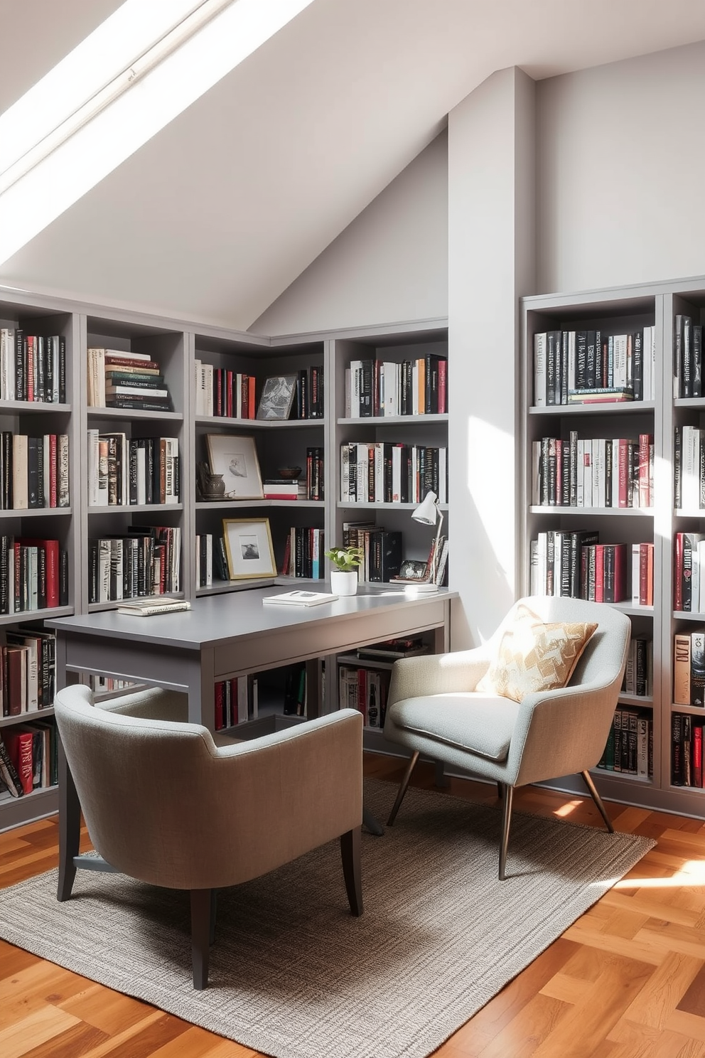 A stylish gray desk is positioned in a cozy reading nook with a plush armchair nearby. Soft natural light filters through a skylight, illuminating the space adorned with bookshelves filled with an array of novels and decorative items. The walls are painted in a light gray tone, creating a serene atmosphere that complements the modern design. A textured area rug adds warmth to the hardwood floor, while a small potted plant sits on the desk, bringing a touch of greenery to the room.