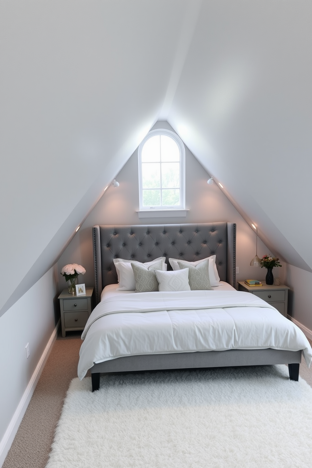 A cozy gray attic room featuring a plush gray upholstered headboard that provides both comfort and style. The space is adorned with soft ambient lighting, and large windows allow natural light to flood in, enhancing the airy feel of the room.