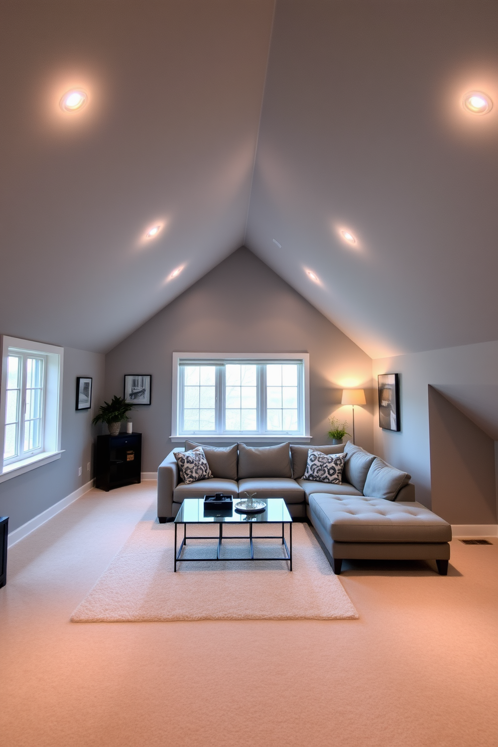 A bright gray attic room with ambient lighting fixtures that create a cozy atmosphere. The walls are painted in a soft gray hue, and the sloped ceiling features recessed lighting for a modern touch. A plush gray sectional sofa is positioned in the center, complemented by a sleek coffee table. Large windows allow natural light to flood the space, enhancing the room's inviting feel.