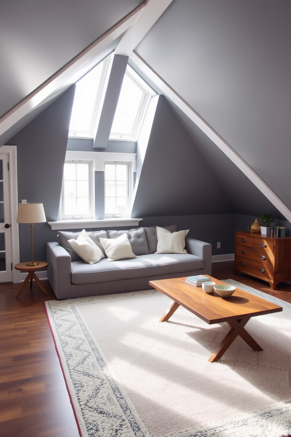 A cozy attic room with gray walls and white trim details creates a serene atmosphere. The sloped ceiling adds character, while large windows allow natural light to flood the space. In one corner, a plush gray sofa is adorned with soft white pillows, inviting relaxation. A stylish wooden coffee table sits in front, complemented by a chic area rug that adds warmth to the room.