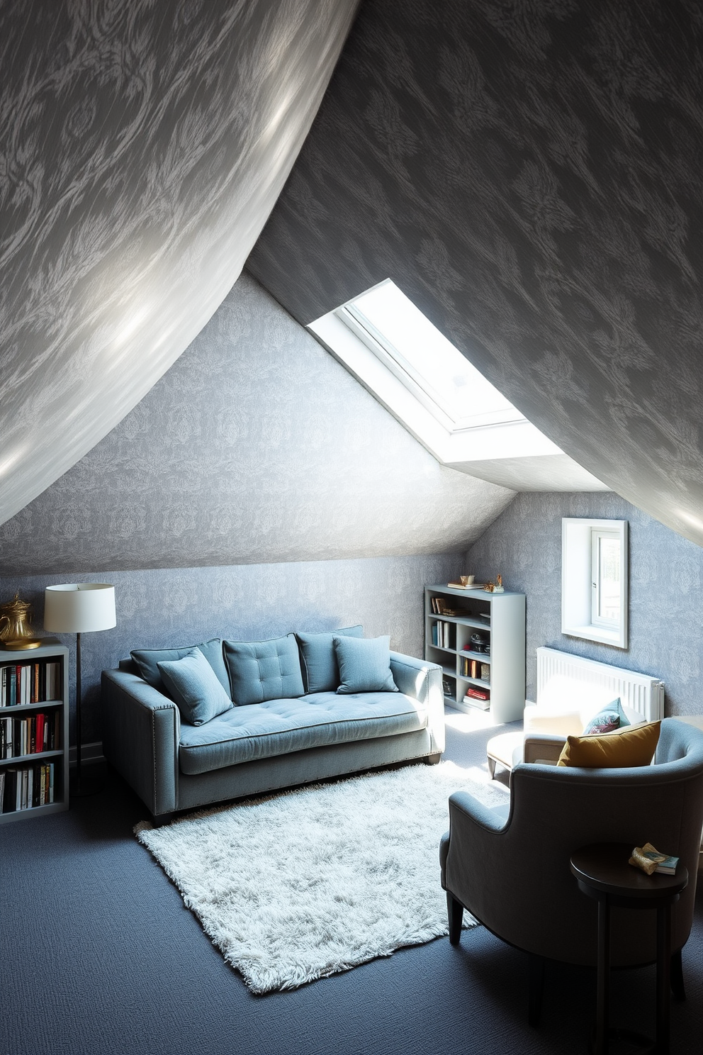 A cozy attic room adorned with gray wallpaper featuring subtle patterns that add depth and texture to the space. The room is filled with natural light streaming through a large skylight, highlighting the elegant furnishings. A plush gray sofa is positioned in the center, complemented by a soft area rug beneath it. To one side, a small reading nook with a comfortable armchair and a bookshelf creates an inviting atmosphere for relaxation.