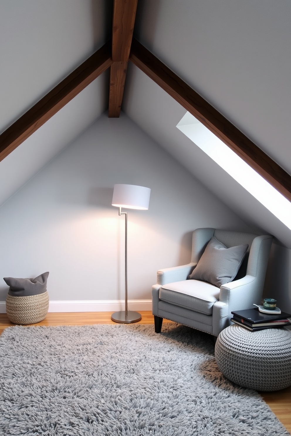 A cozy gray attic room features sloped ceilings and exposed wooden beams that add character. Soft gray walls create a serene backdrop, while a plush gray area rug anchors the space. A comfortable reading nook is created with a gray upholstered armchair and a sleek floor lamp. Decorative pillows in various shades of gray add texture and warmth to the seating area.