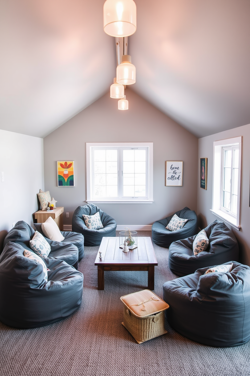 A chic gray attic room adorned with luxe gray velvet curtains that cascade elegantly to the floor. The room features a cozy reading nook by the window with plush cushions and a stylish bookshelf filled with curated literature.